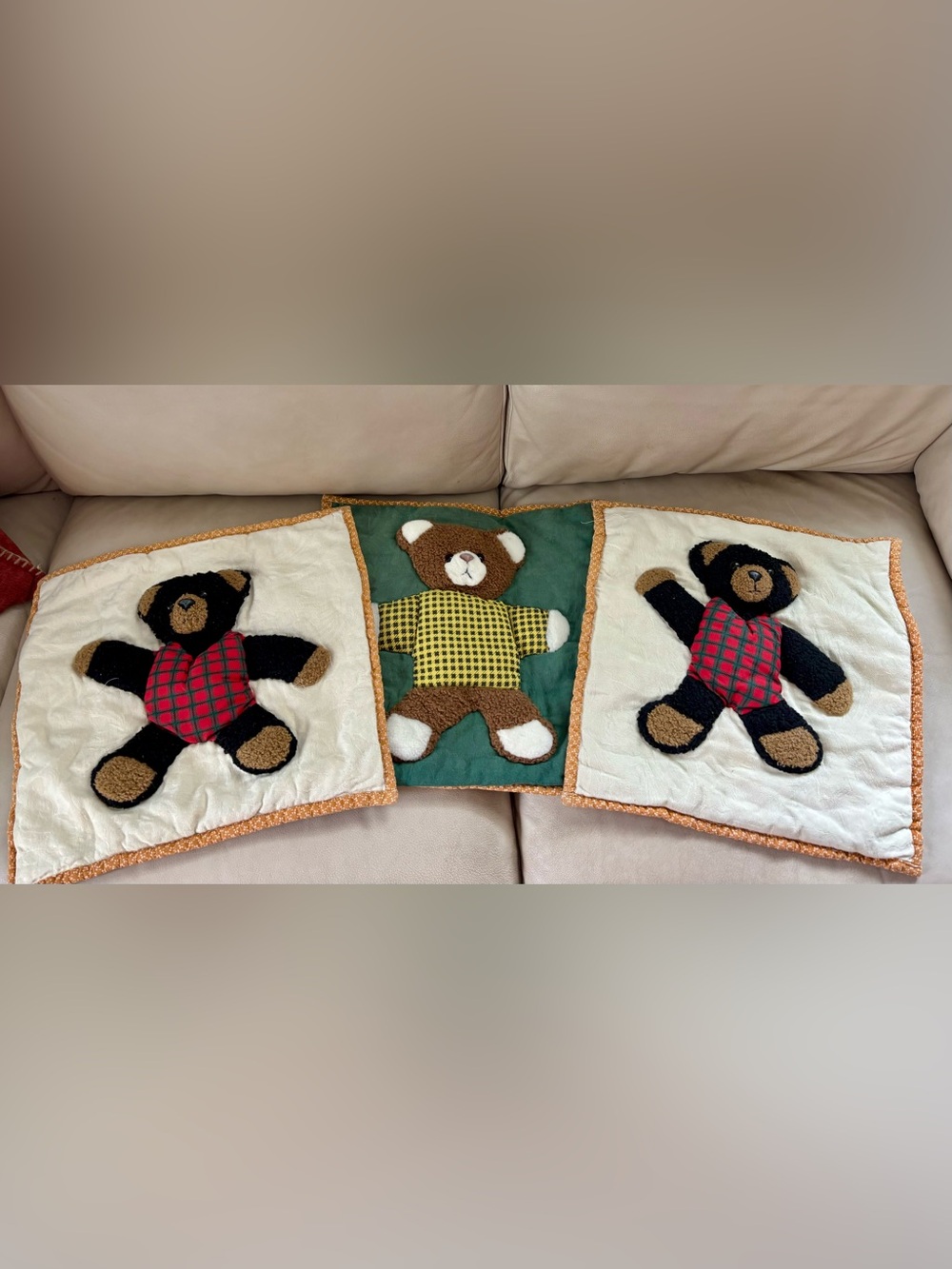 Handmade Teddy Bear Patchwork Pillow Covers - Beige, Green, Red